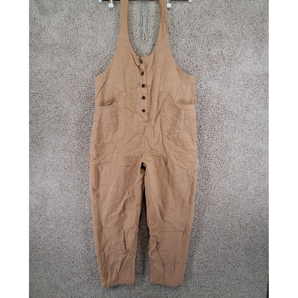 Yeokou Overalls Women Medium Tan Cotton Linen Bib Jumpsuit Boho Casual
